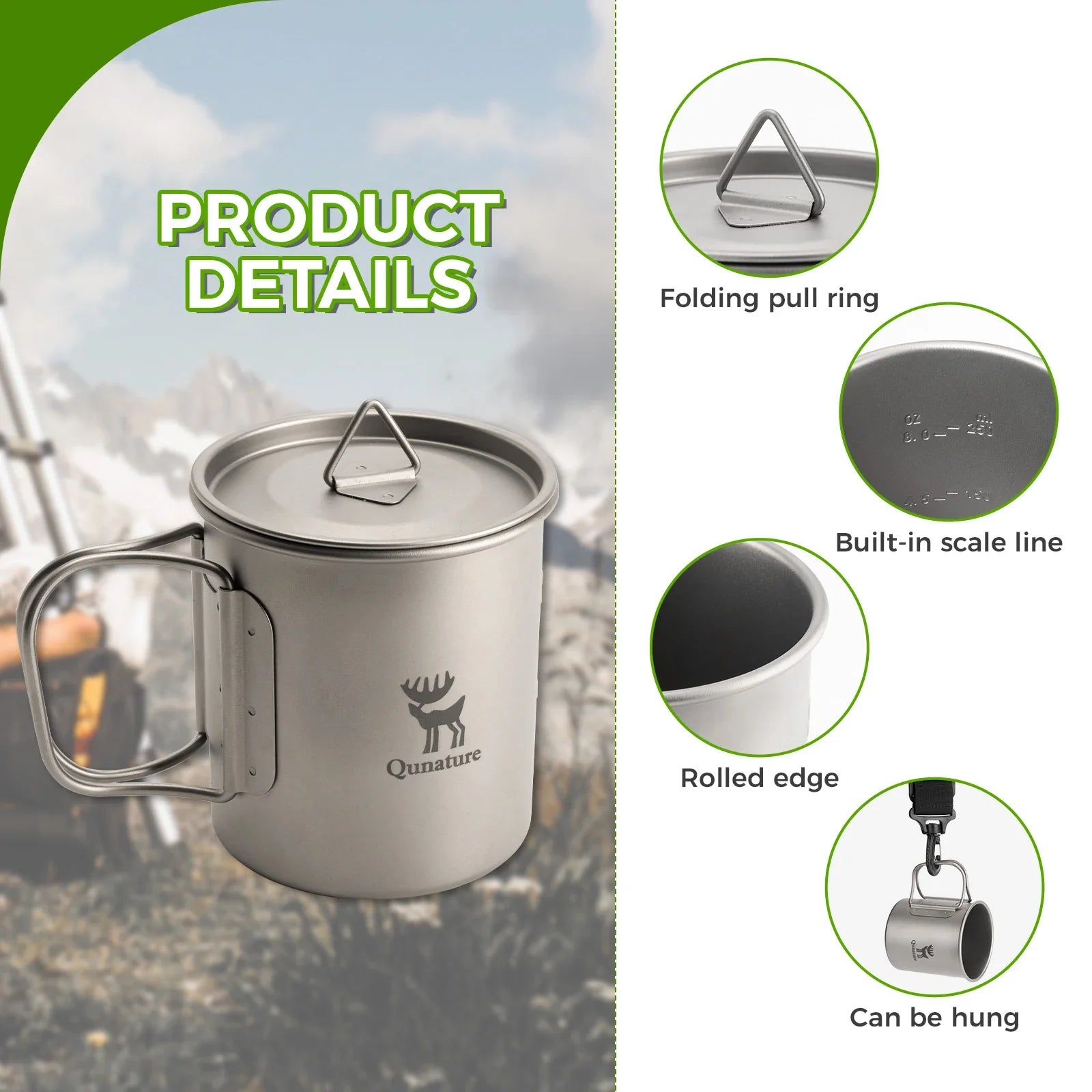 Titanium mug with features highlighted on a camping background
