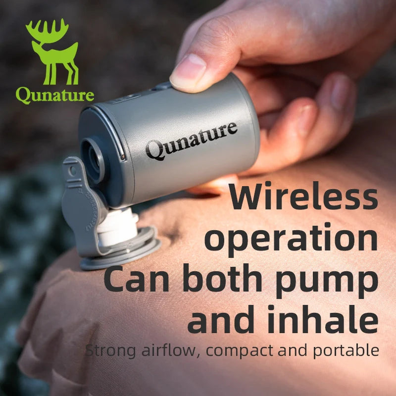 Hand holding a Qunature device with text about wireless operation and features.