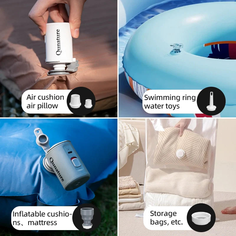 Collage of various inflatable products including an air cushion, swimming ring, inflatable cushion, and storage bags.