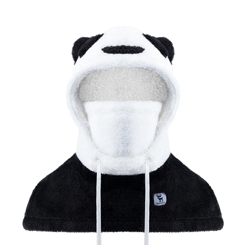Black and white panda-shaped hood with a logo on a white background