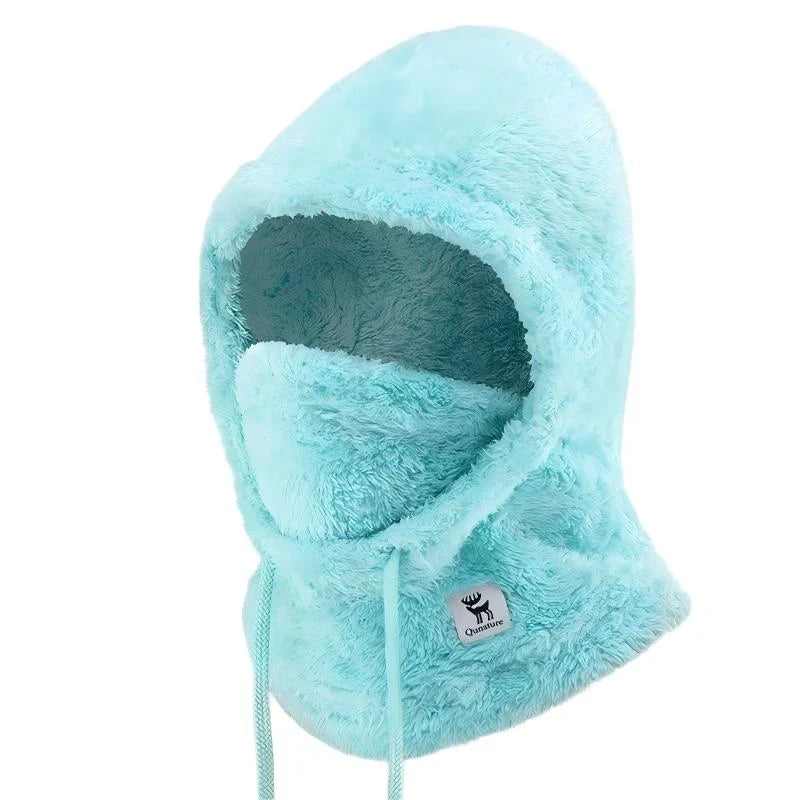 Turquoise fuzzy hood with a brand logo on a white background