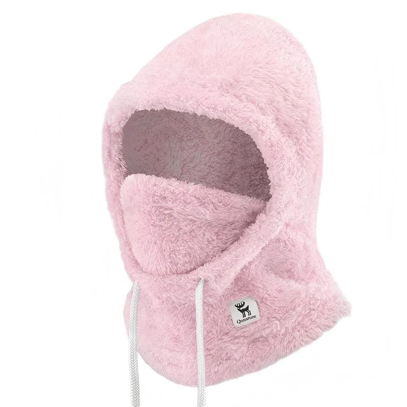 Pink balaclava with a brand logo on a white background