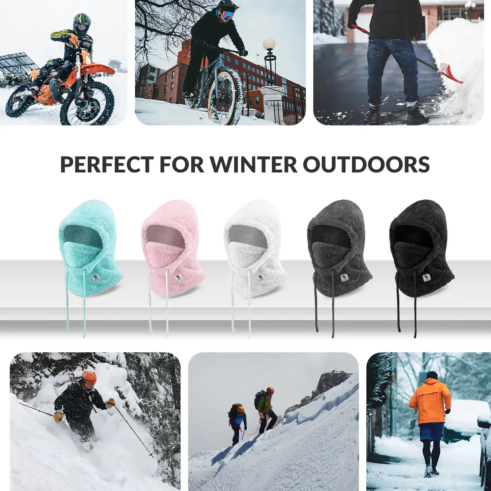 Balaclavas displayed with winter outdoor activities and snowy landscapes.