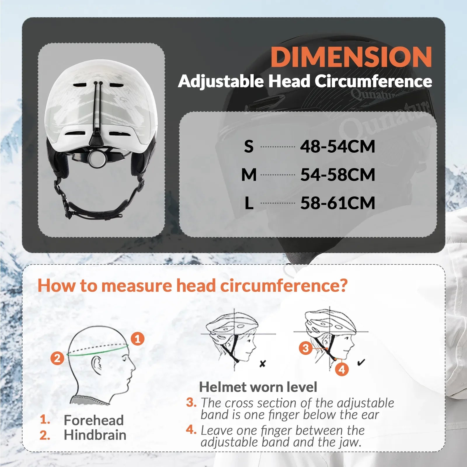Helmet size chart with adjustable head circumference measurement guide on a snowy background#Color_White