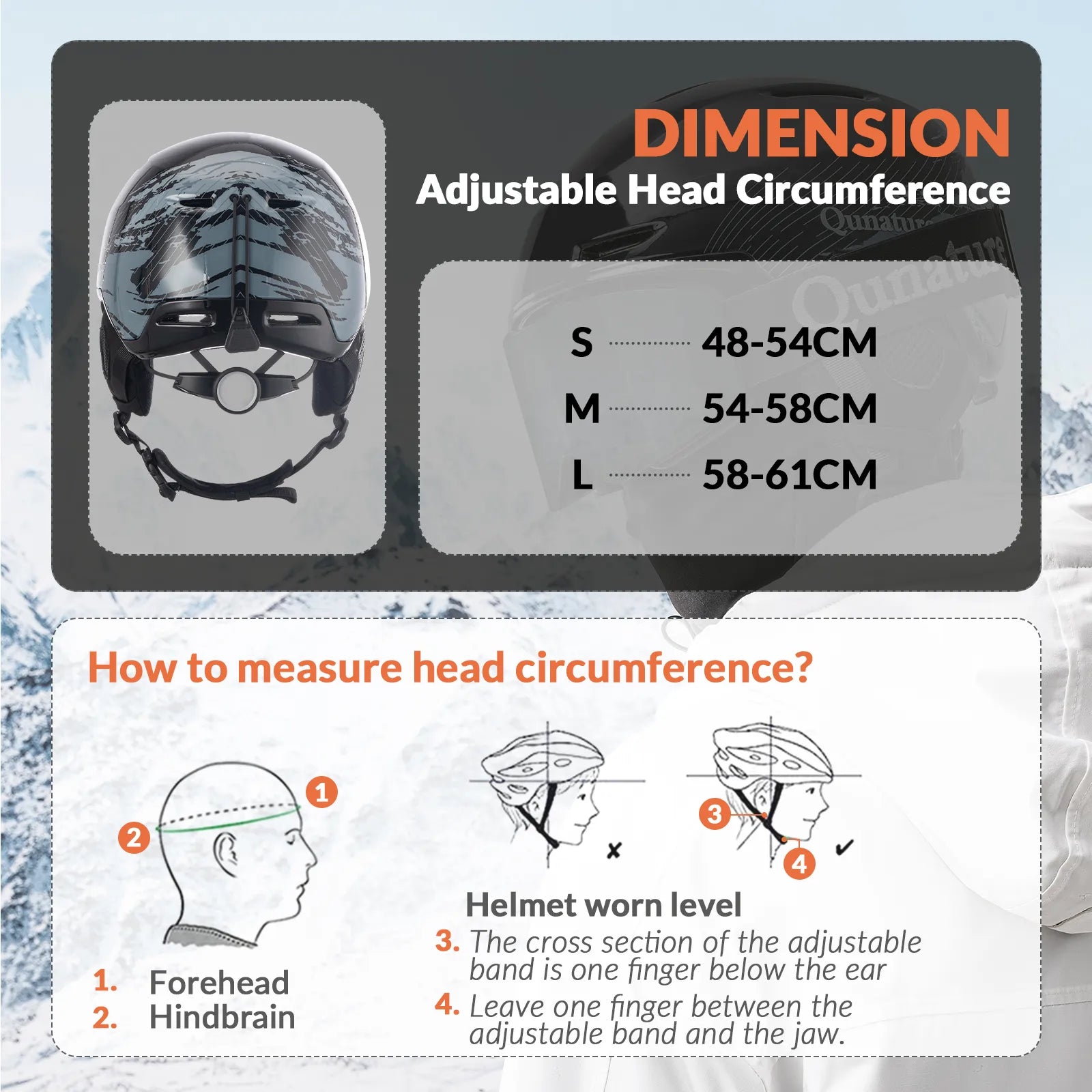 Helmet size chart with adjustable head circumference measurements and instructions on how to measure head circumference.#Color_Shiny Black