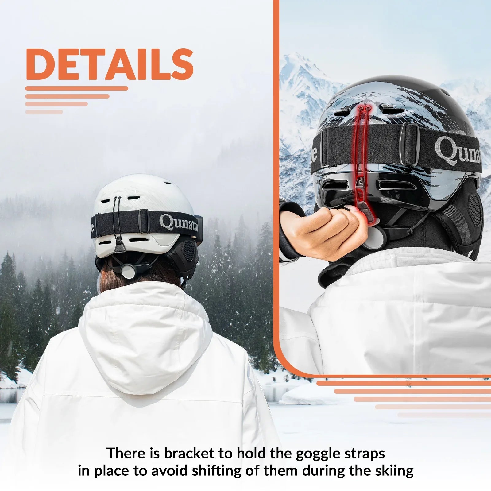 Person wearing a helmet with goggles straps held in place by a bracket, set against a snowy mountain background.