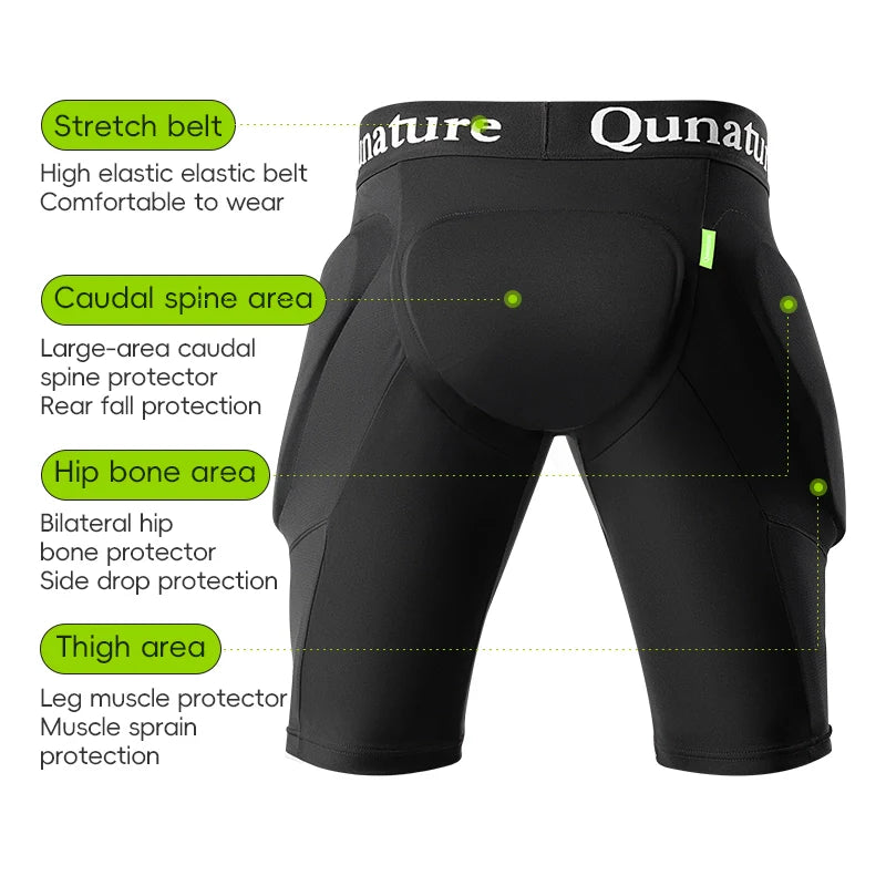 Black protective shorts with labeled areas on a white background