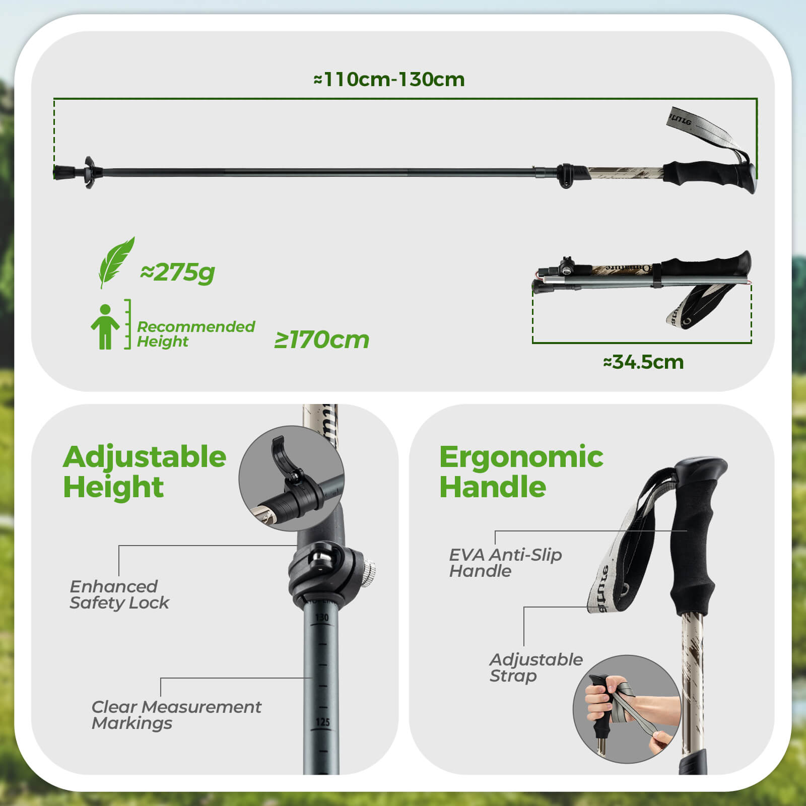 Qunature lightweight foldable trekking poles adjustable from 110 to 130cm, ideal for hiking, walking, and mountain adventures. #Color_Brown