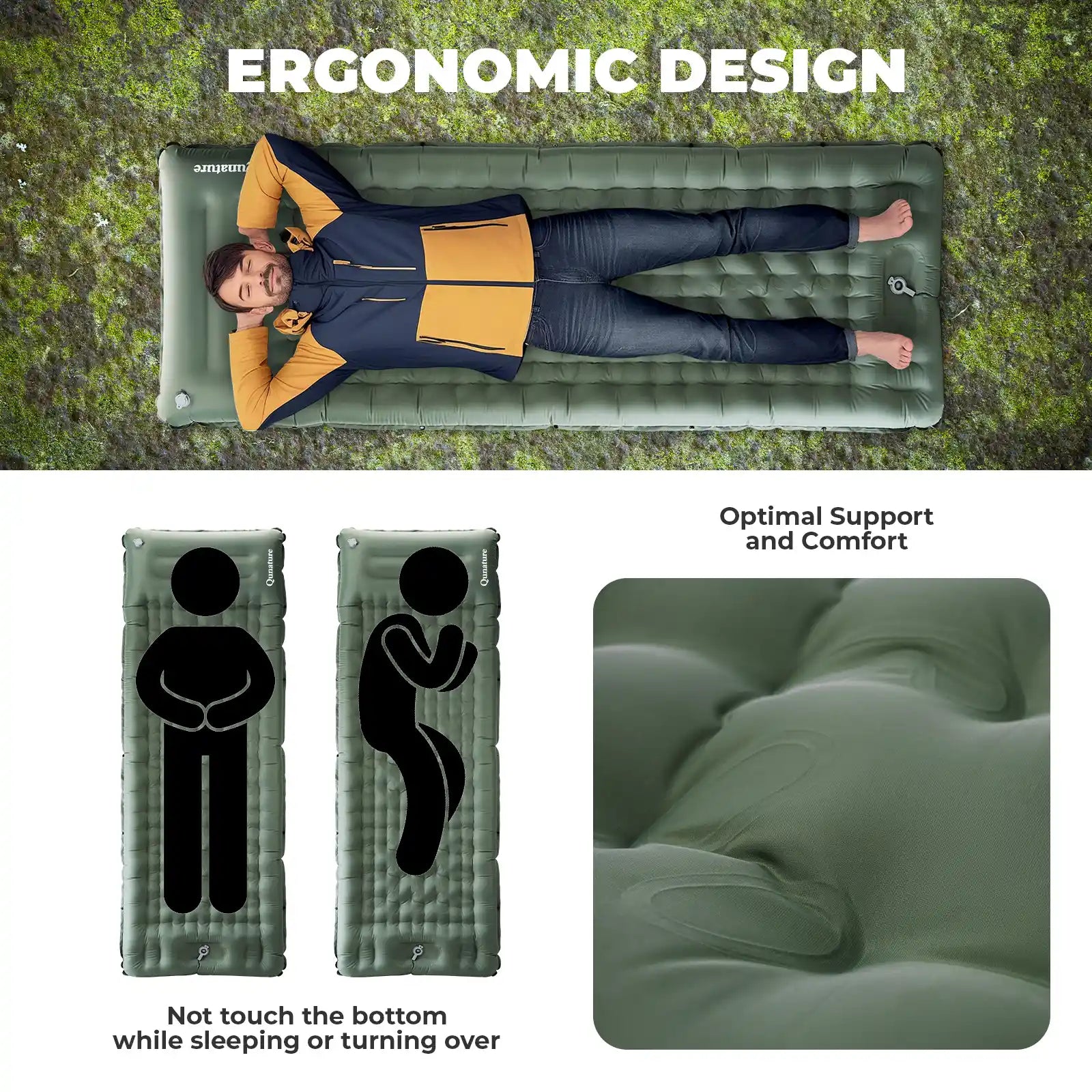 A lightweight inflatable blue camping sleeping pad with built-in pillow#Color_green