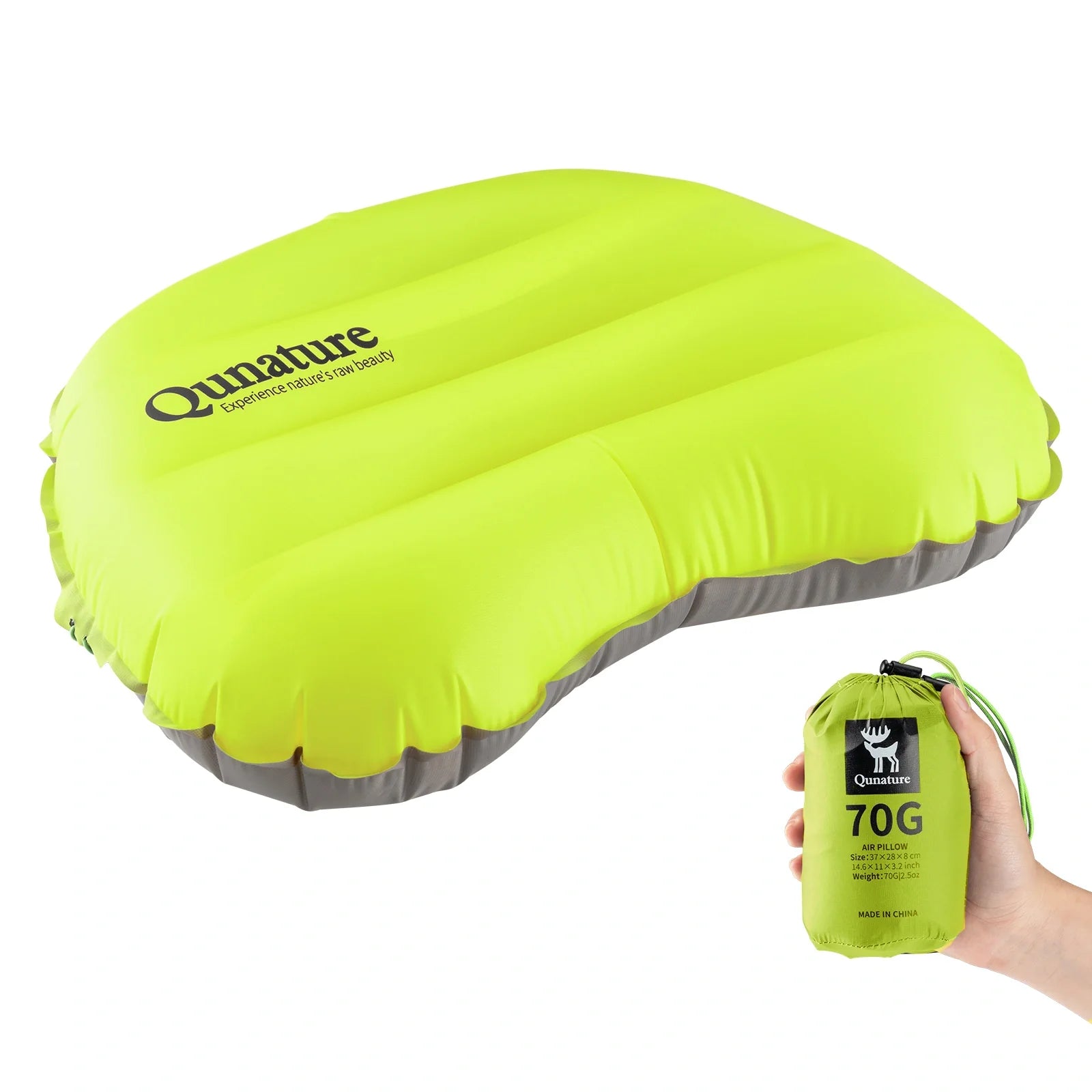 Green inflatable pillow with a carrying bag labeled '70G' on a white background#color_Lime Green