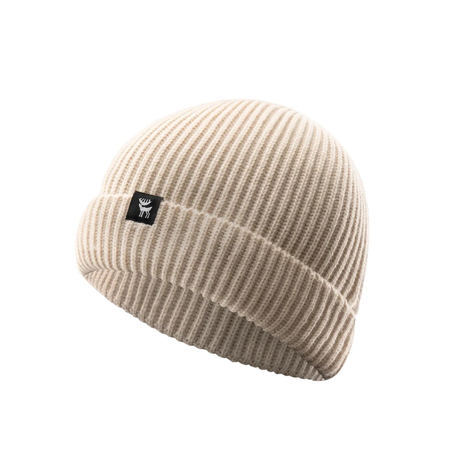 Beige knit beanie with a small logo on a white background