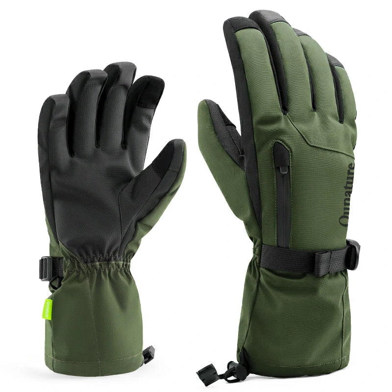 A pair of army green split-finger ski gloves