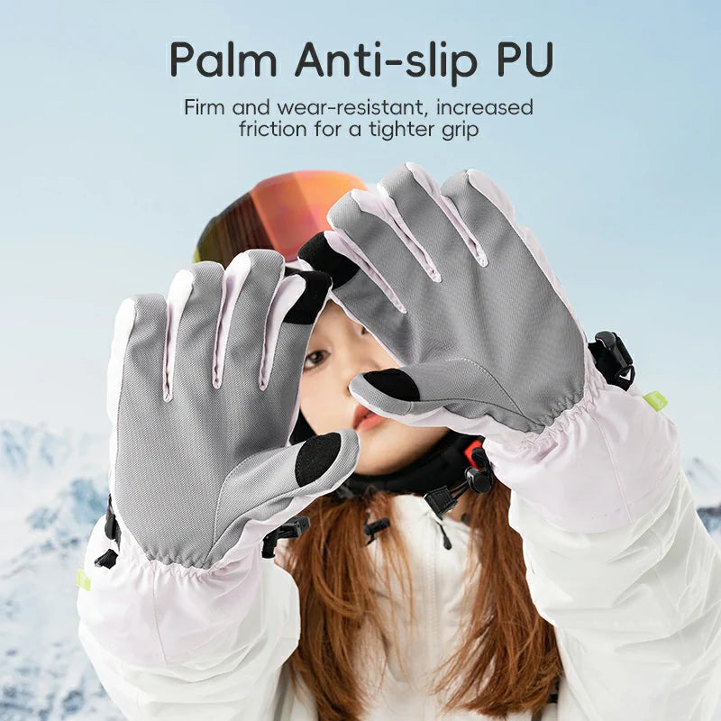 A girl wearing windproof and non-slip pink split-finger ski gloves