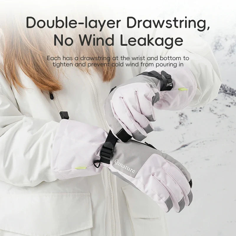 These windproof and non-slip split-finger ski gloves have drawstring cuffs to keep out the wind