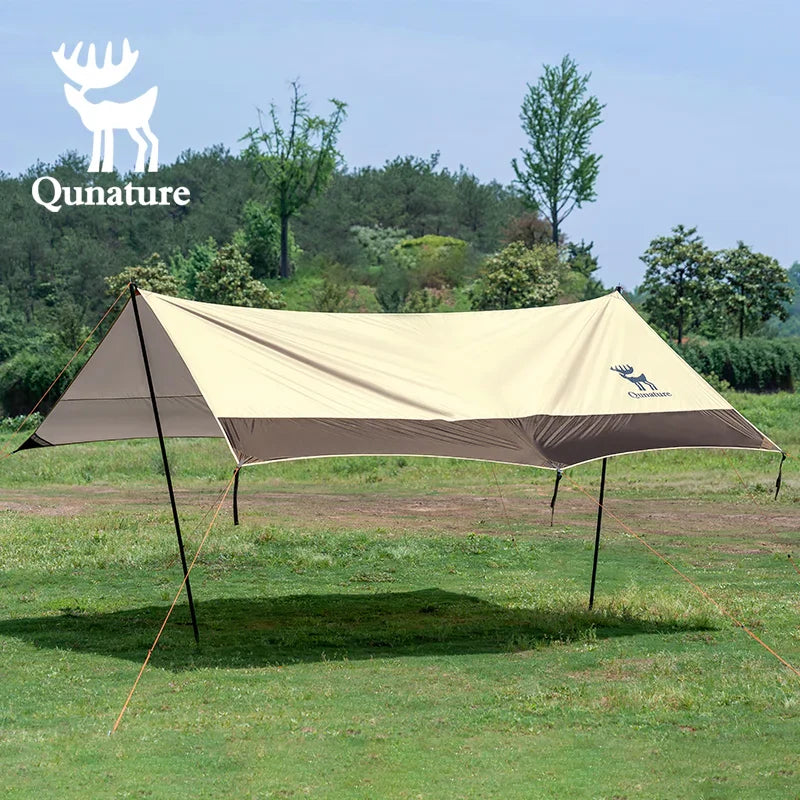 A beige and brown 3-in-1 waterproof canopy floor mat set up outdoors, designed for sun and rain protection.#color_Khaki