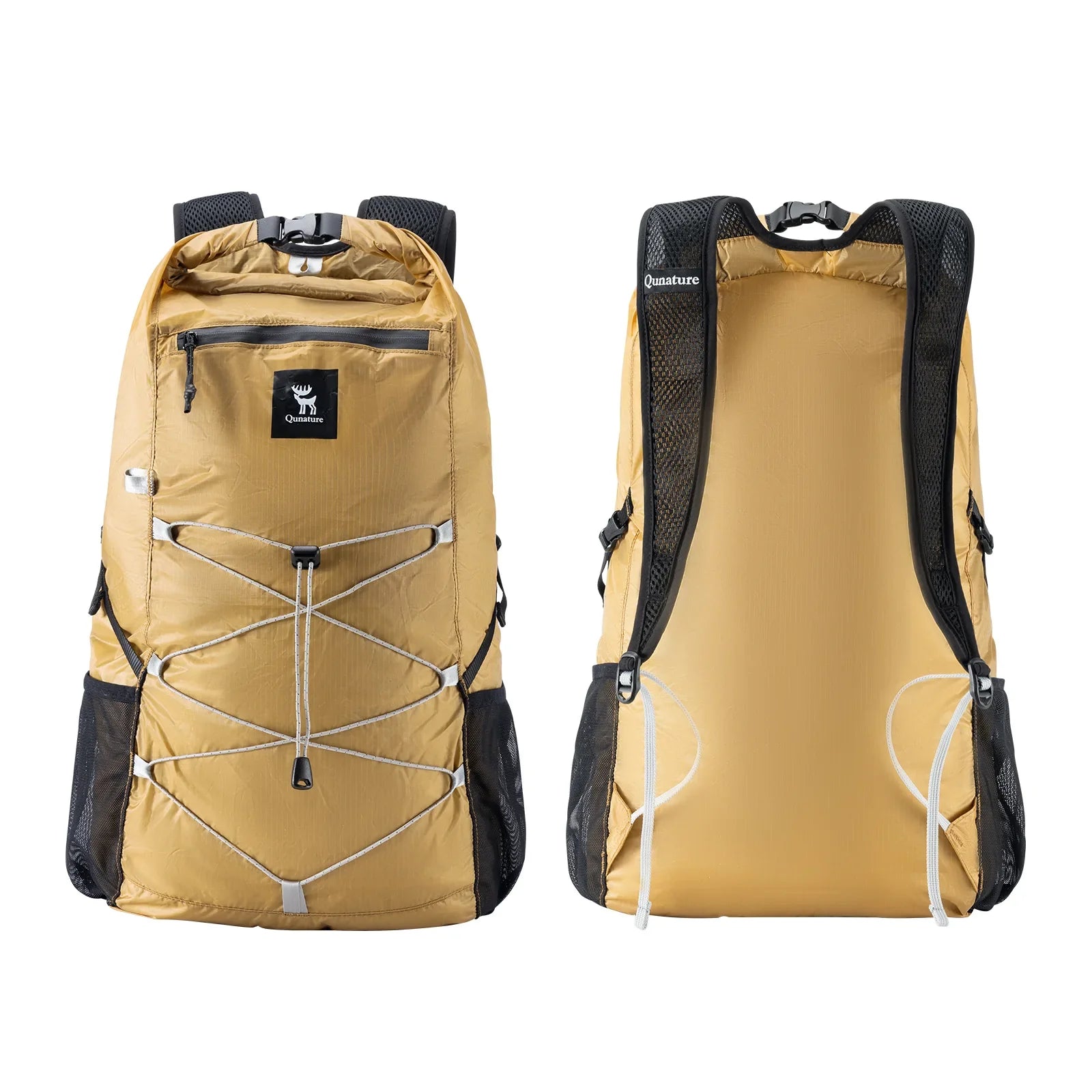 Gold backpack with black straps on a white background