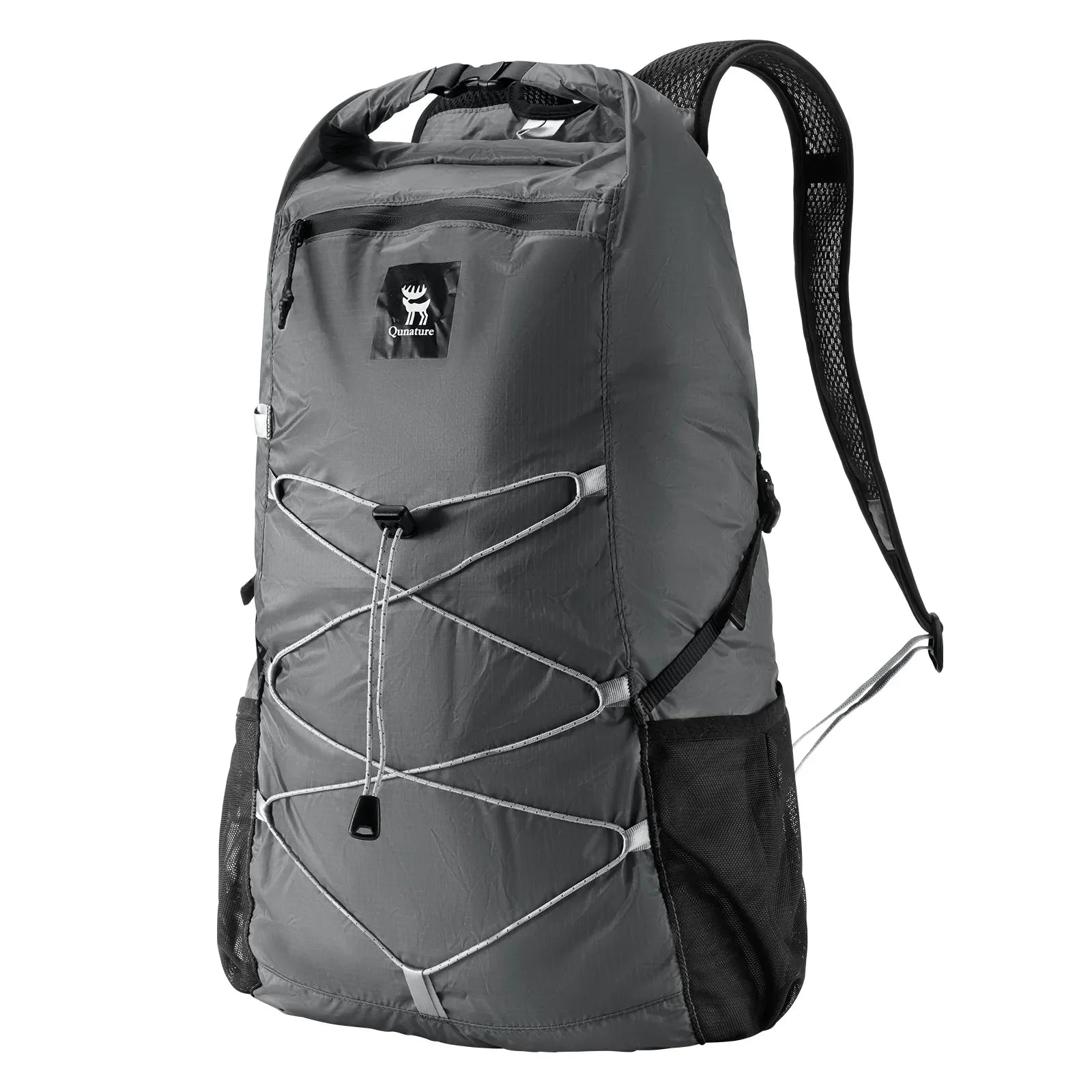 Gray backpack with black straps on a white background