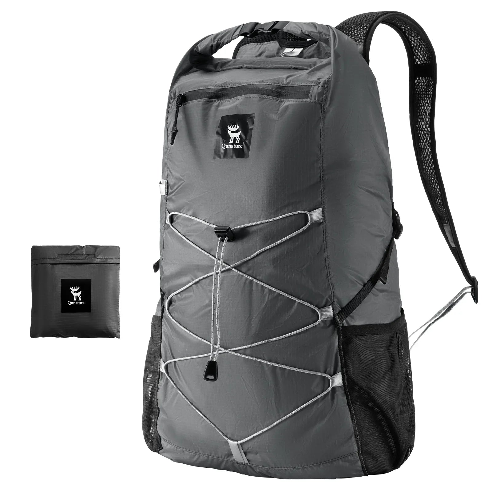 Gray backpack with a smaller black pack on a white background
