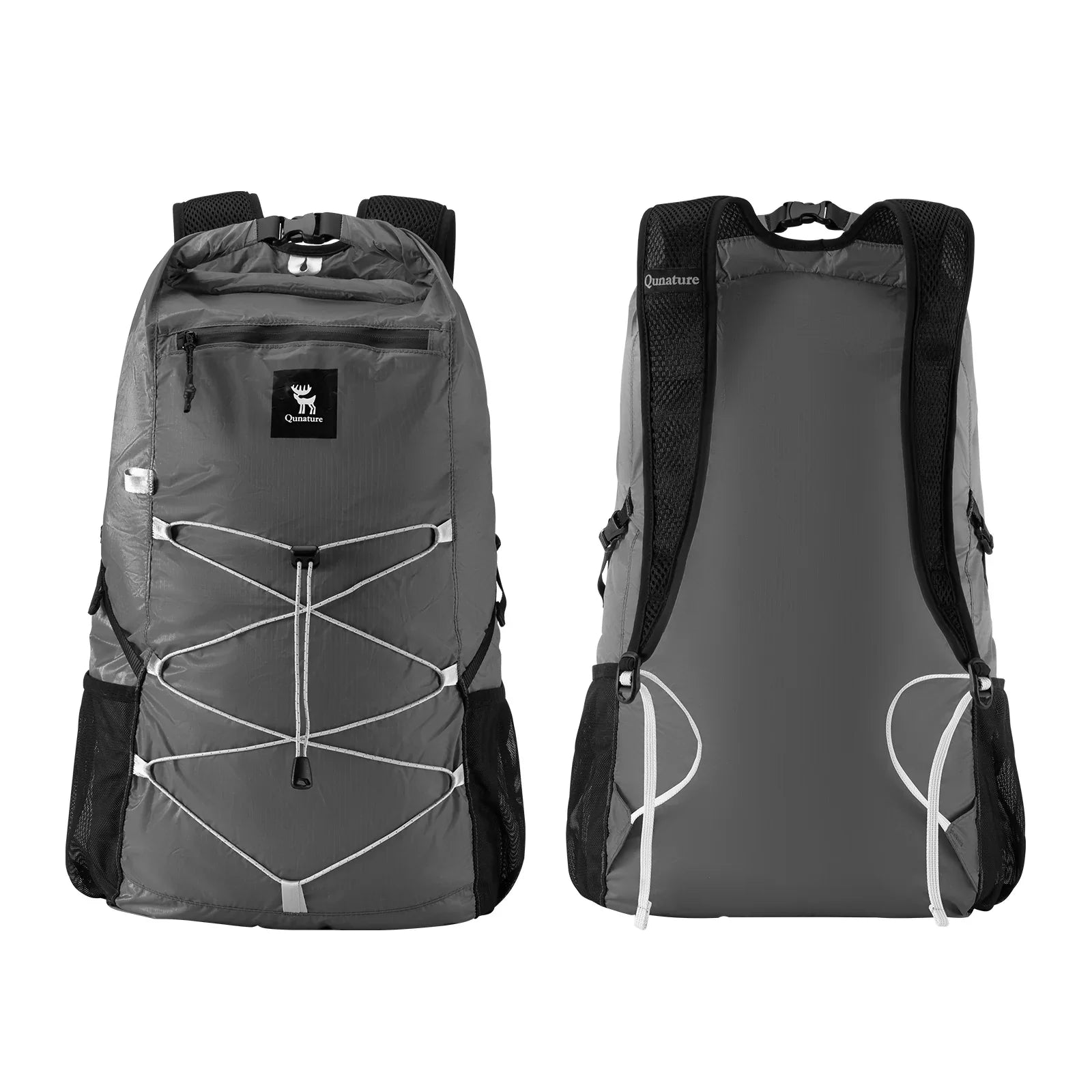 Gray and black backpack with brand logo on a white background