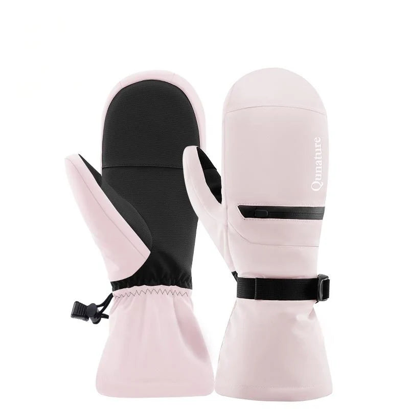 Pair of pink and black mittens with a visible brand name on a white background#Color_Pink