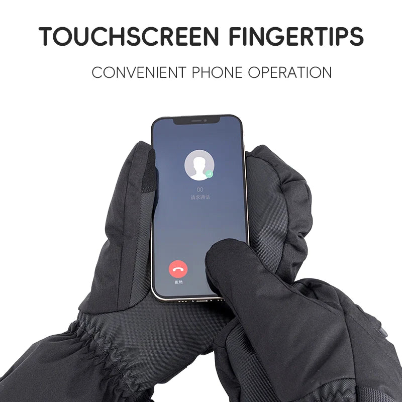 Person wearing black gloves using a smartphone with text 'Touchscreen Fingertips' and 'Convenient Phone Operation'.