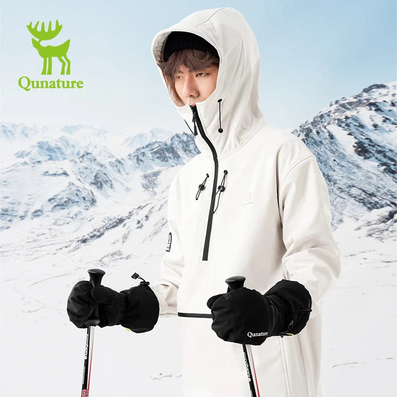Person wearing a white hooded jacket with ski poles in a snowy mountain setting, featuring the Qunature brand.