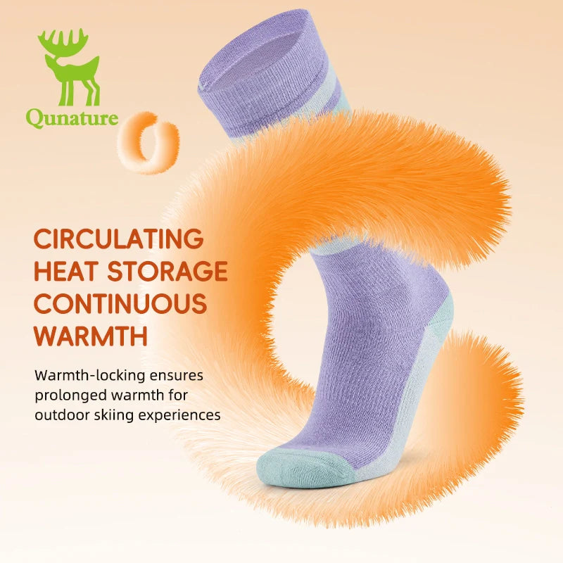 Purple sock with fur-like design on a beige background, featuring Qunature branding.