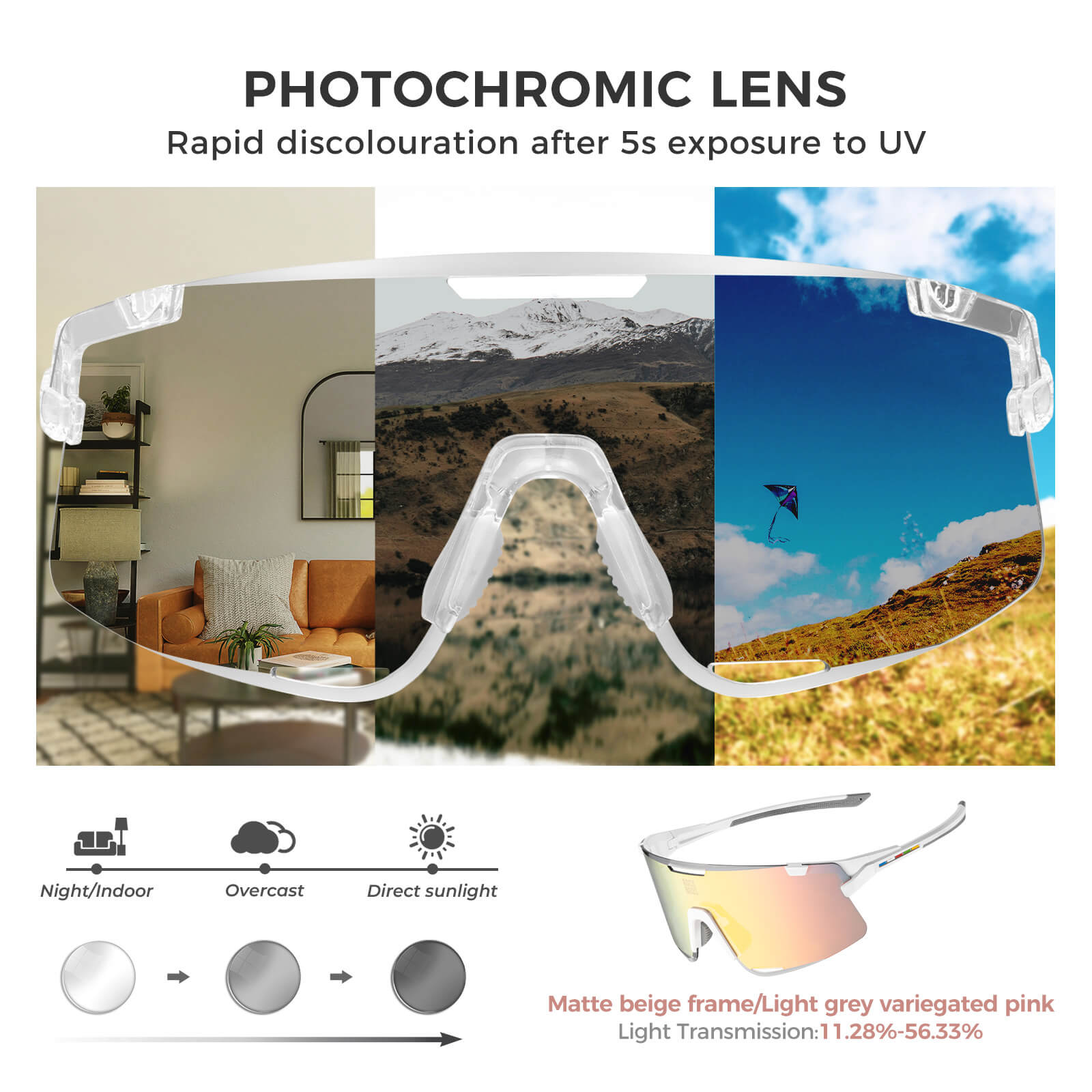 road to sky boundless photochromic cycling sunglasses with uv400 protection #Color_White