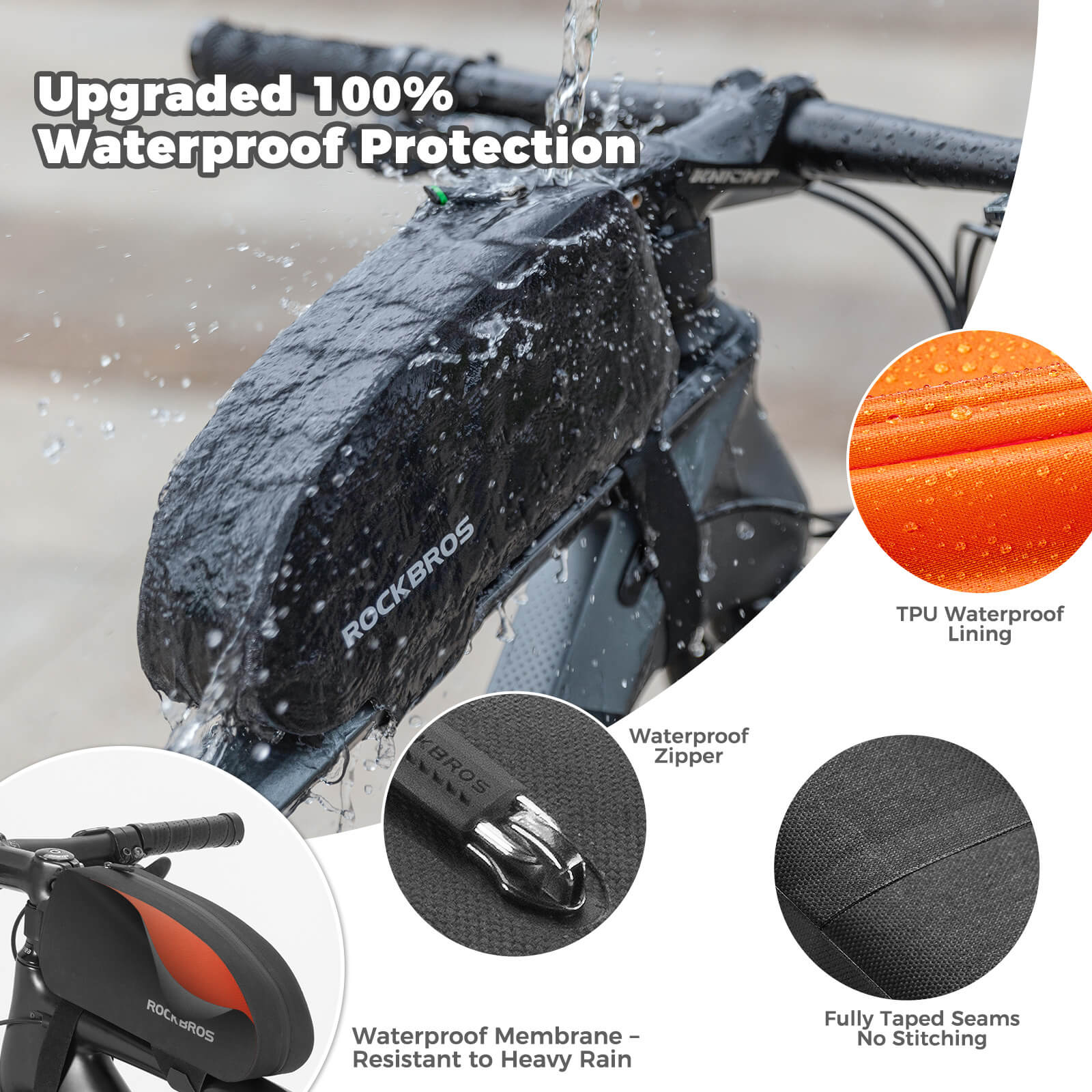 rockbros 100% waterproof bike frame bag with upgraded seamless zipper for dry and secure storage