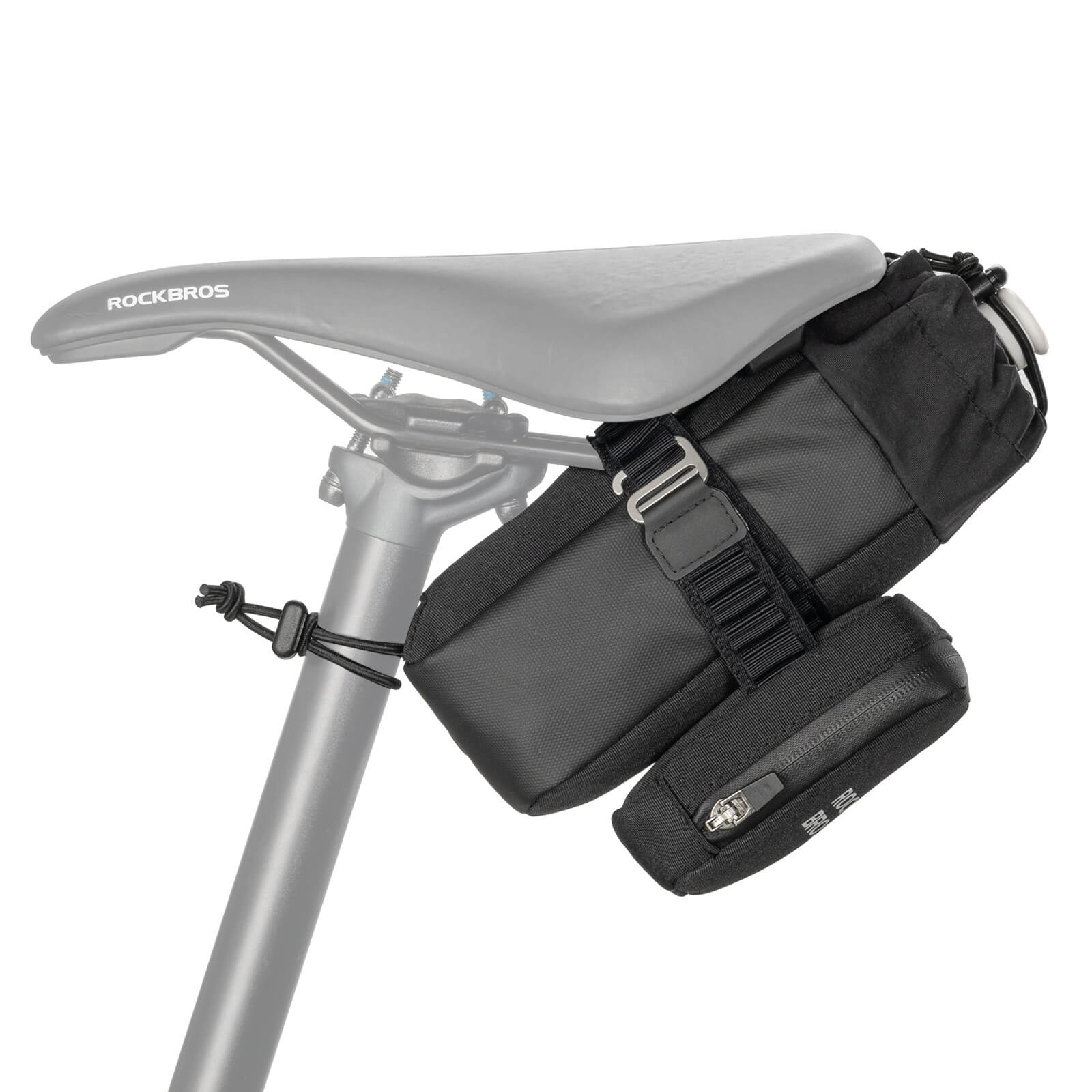 rockbros 2-in-1 black saddle bag with built-in bottle cage, 1.5 l waterproof pu shell and reflective trim