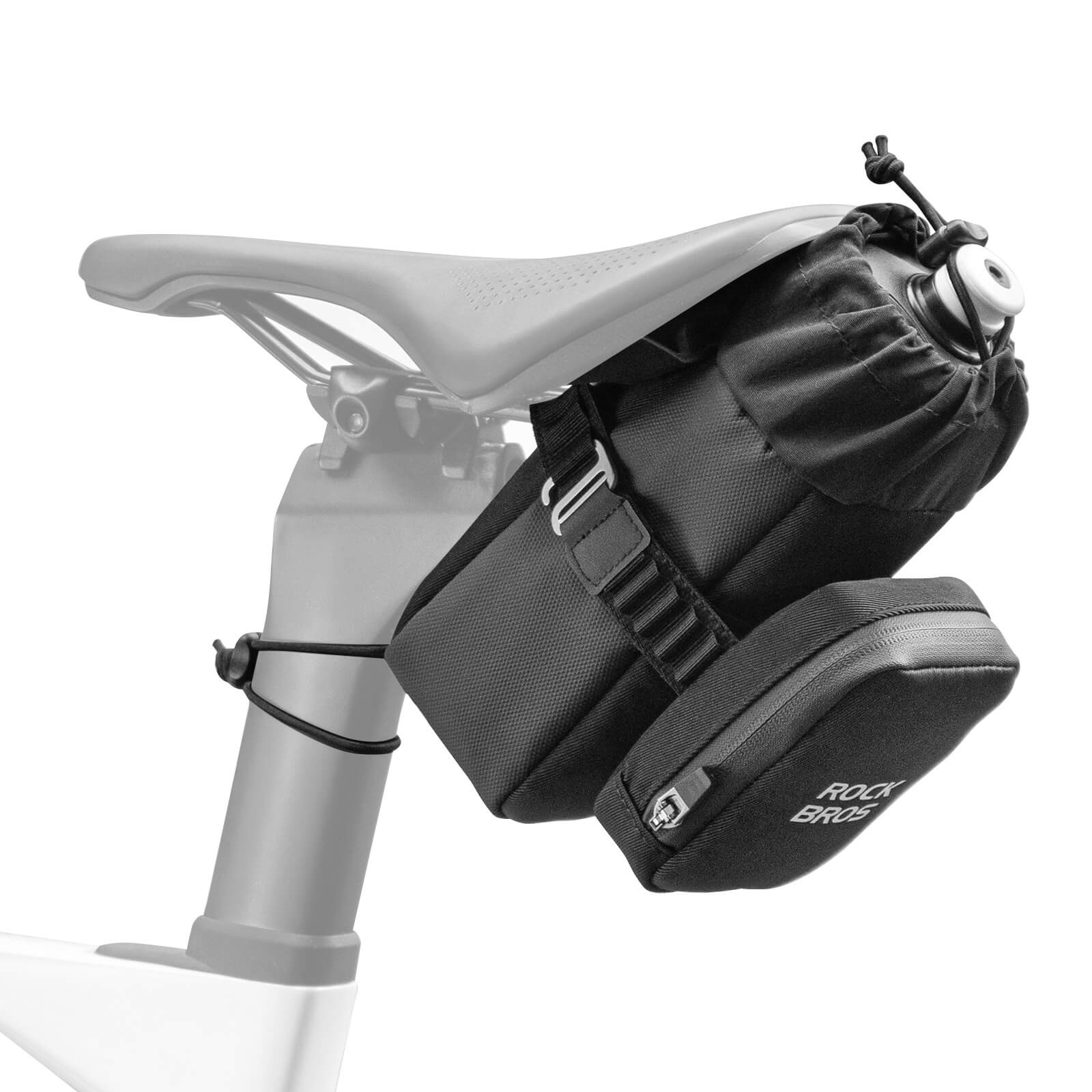 rockbros 2-in-1 black saddle bag with built-in bottle cage, 1.5 l waterproof pu shell and reflective trim