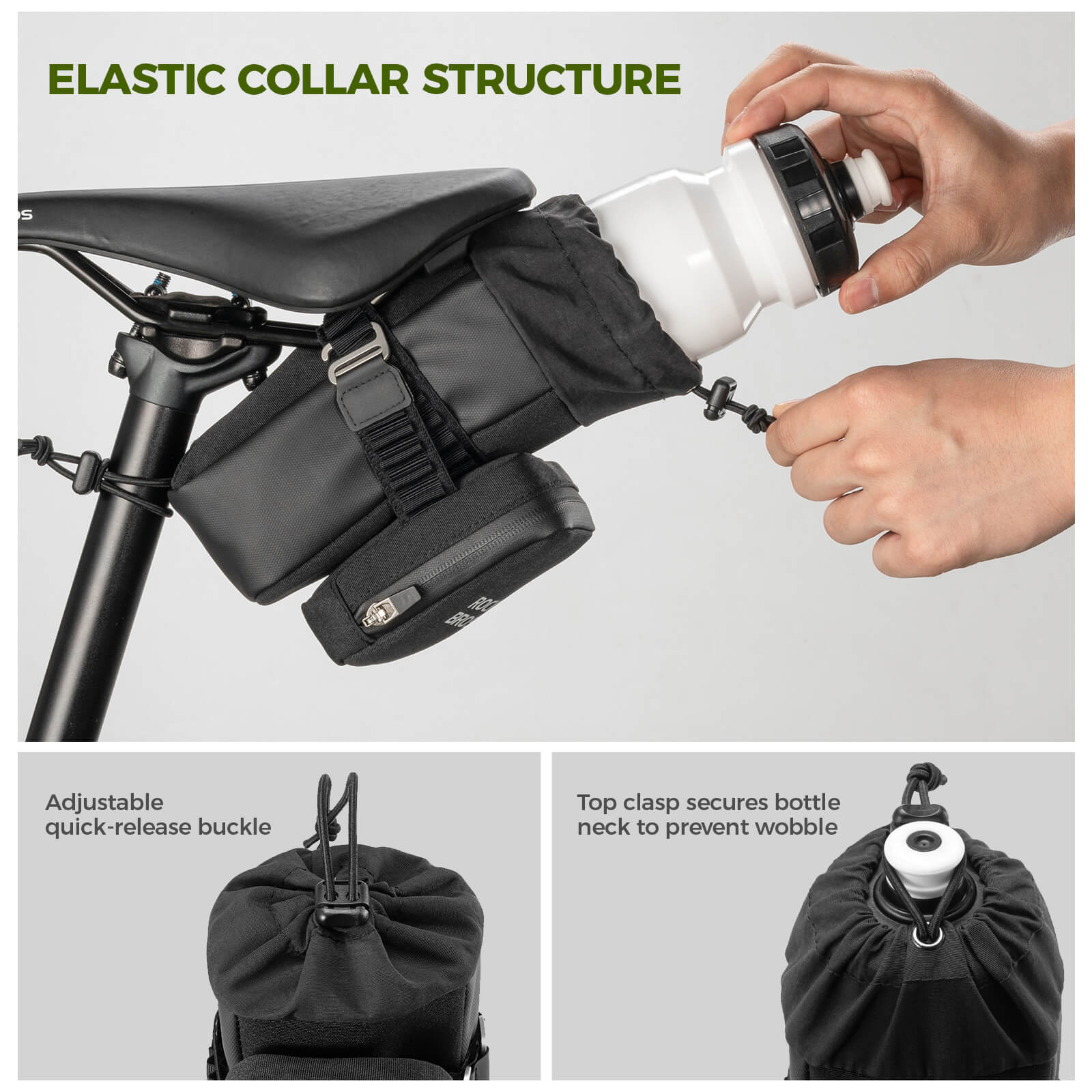 rockbros 2-in-1 black saddle bag with built-in bottle cage, 1.5 l waterproof pu shell and reflective trim
