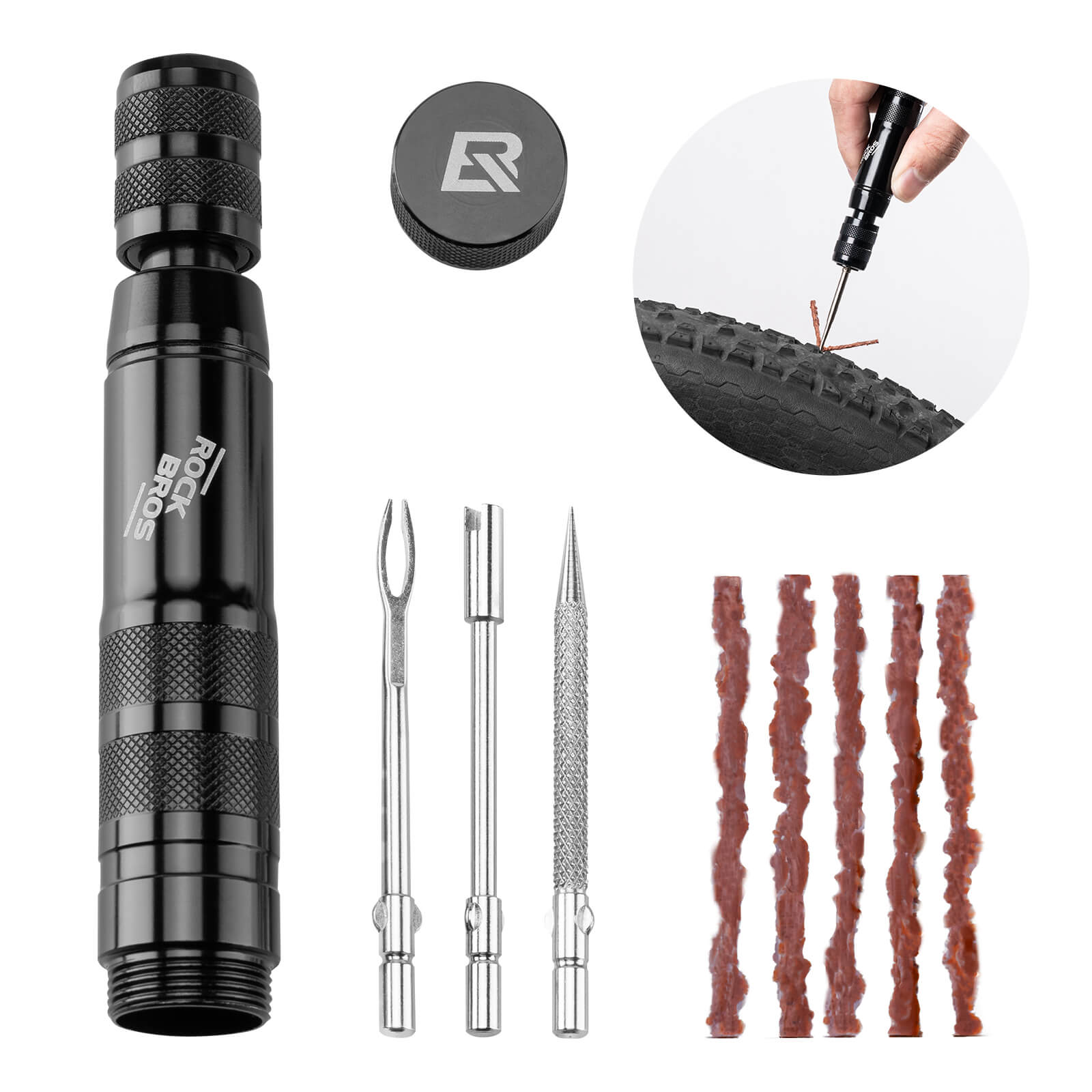 compact rockbros bicycle tyre repair kit with pre-glued patches, metal rasp and storage box for roadside emergencies