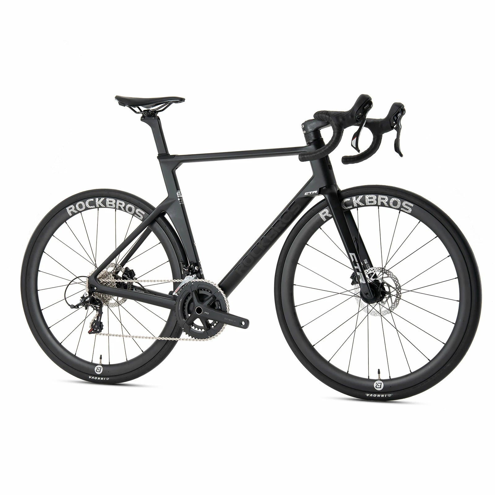 Rockbros carbon road bike in deep black with disc brakes and integrated carbon handlebar#COLOR_Black