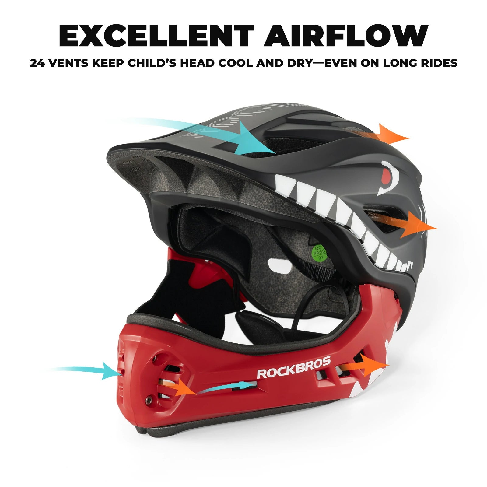 Black red rockbros kids full face helmet with detachable chin guard for safe cycling and outdoor sports#Color_Black Red