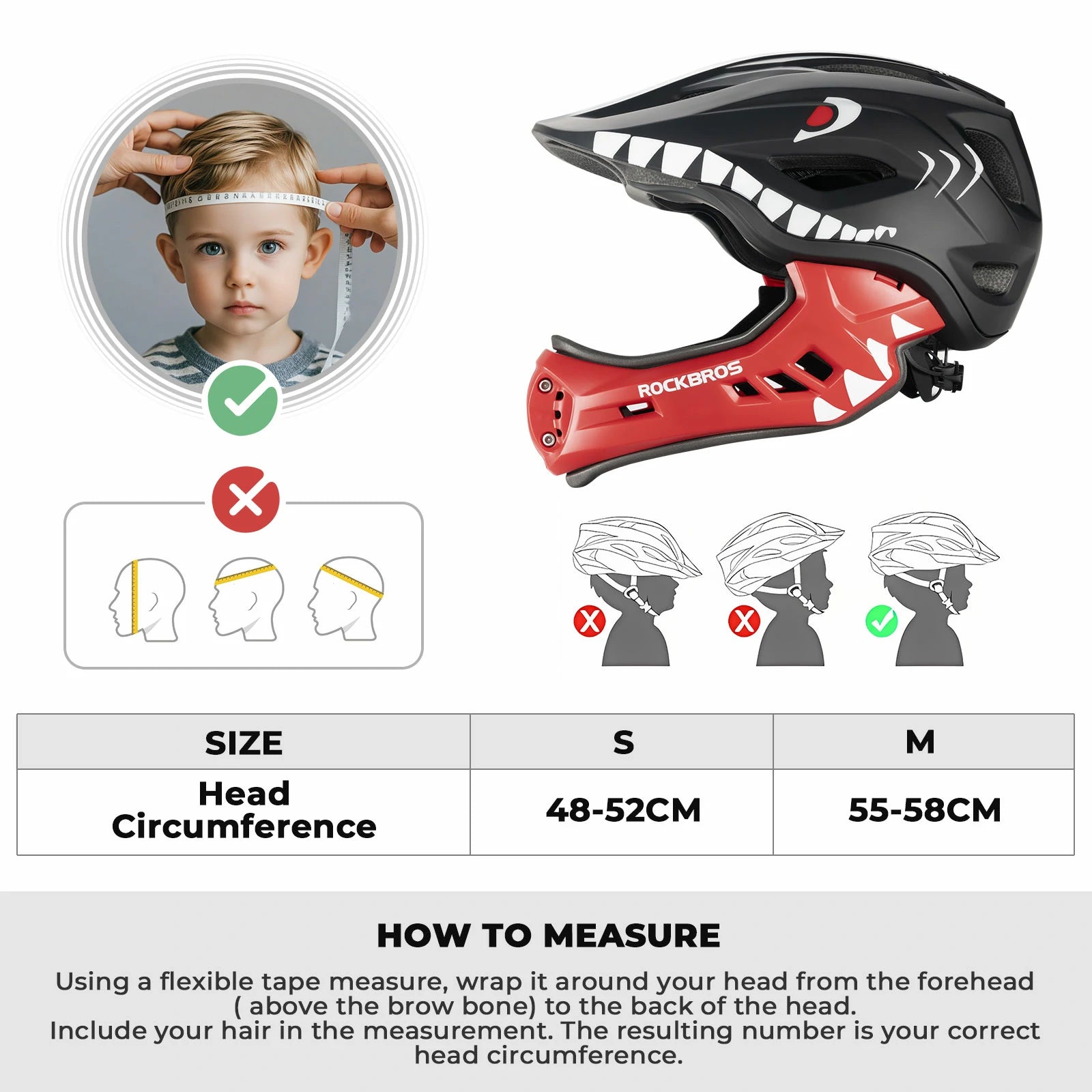 Child wearing a helmet with size measurement guide and head circumference chart#Color_Black Red