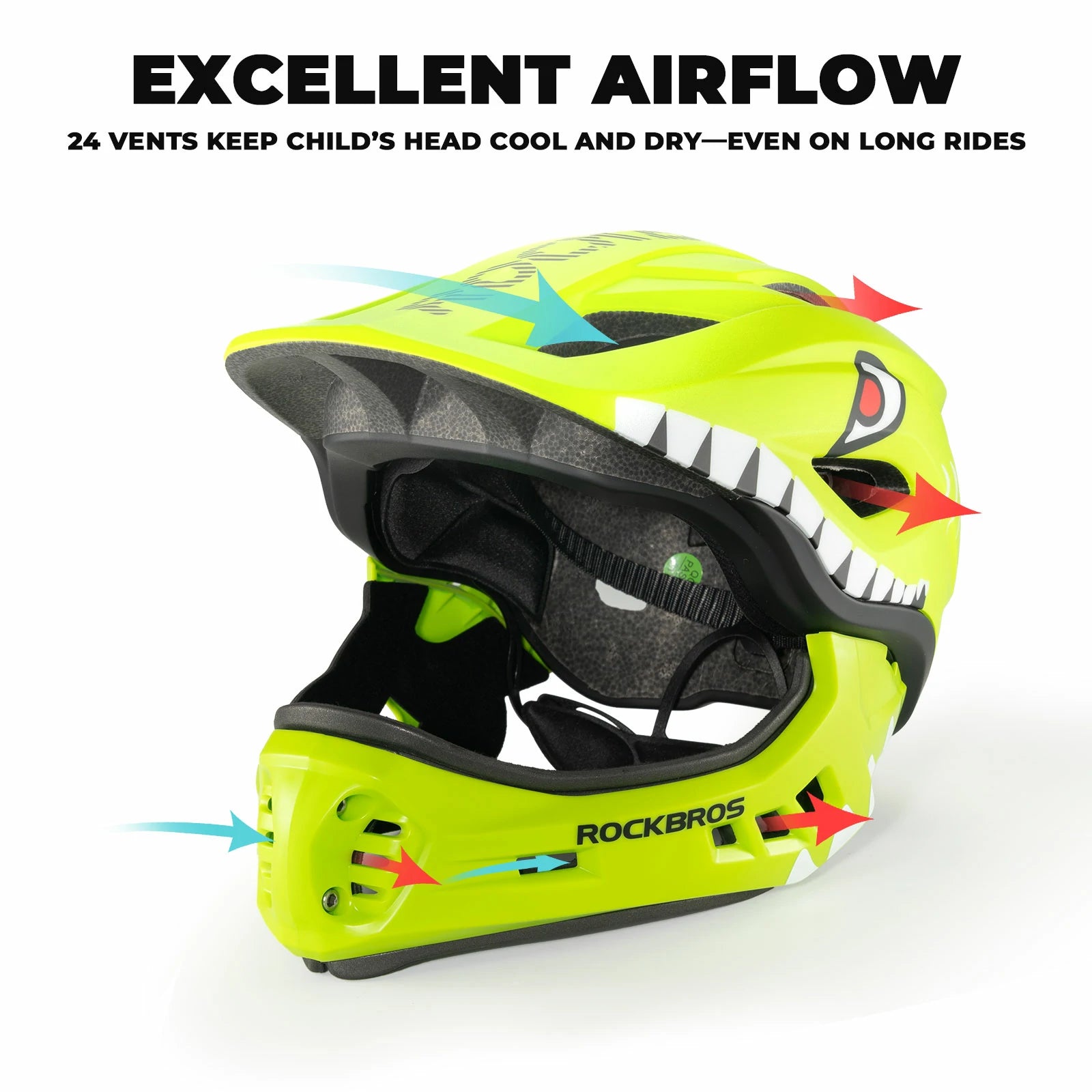 Lemon green rockbros kids full face helmet with detachable chin guard for safe cycling and outdoor sports#Color_Lemon Green