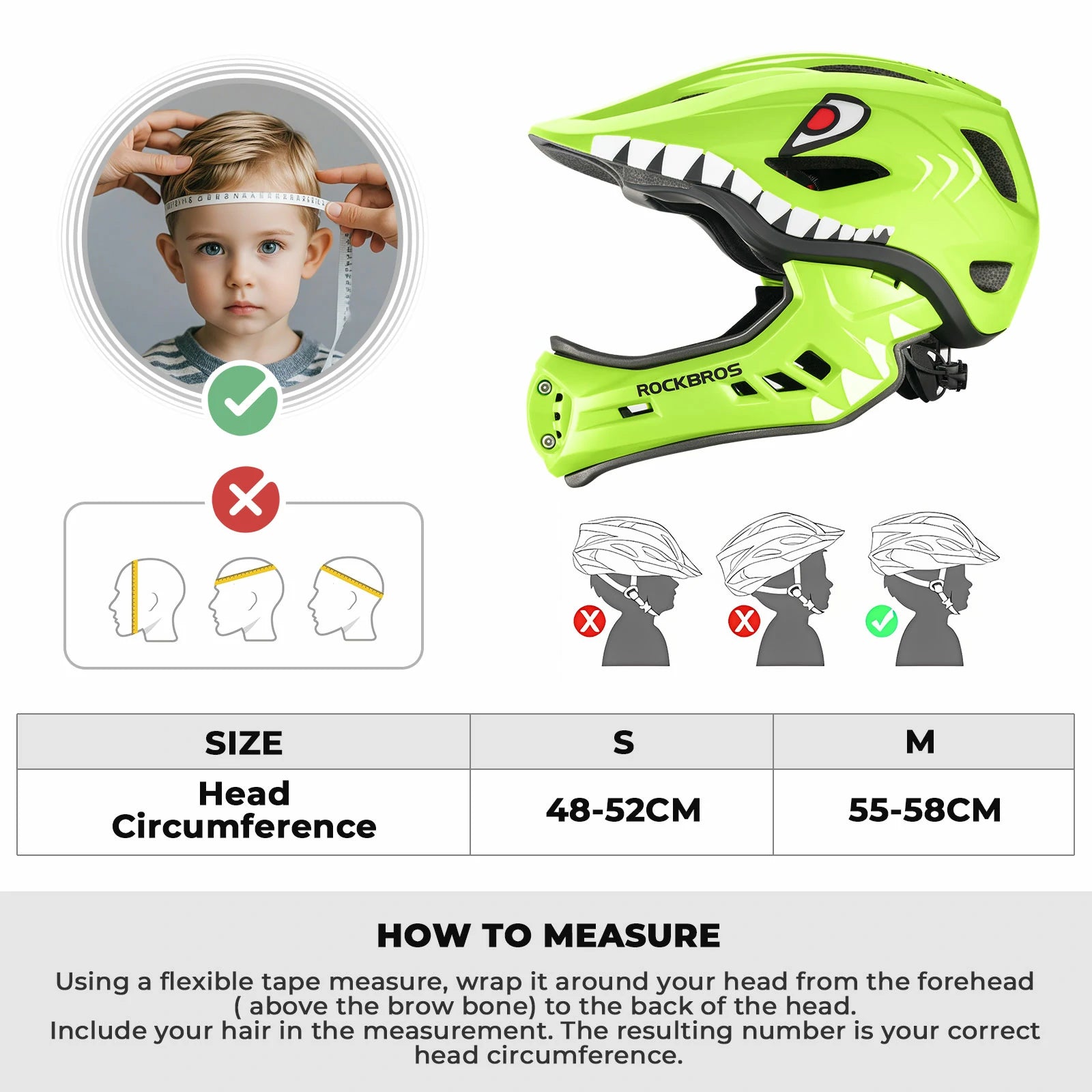 Lemon green helmet with measurement guide for children's head size#Color_Lemon Green