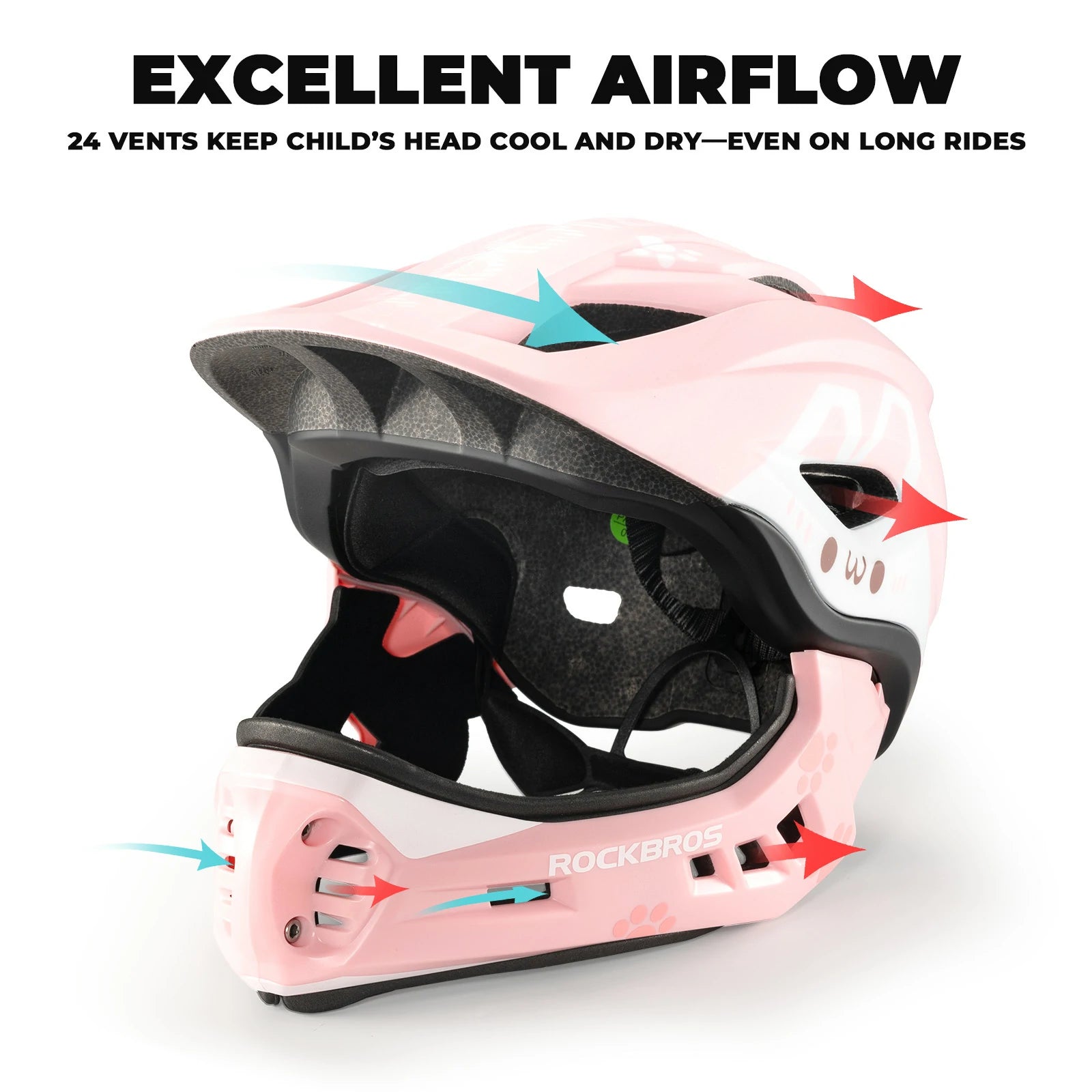 Pink rockbros kids full face helmet with detachable chin guard for safe cycling and outdoor sports#Color_Pink