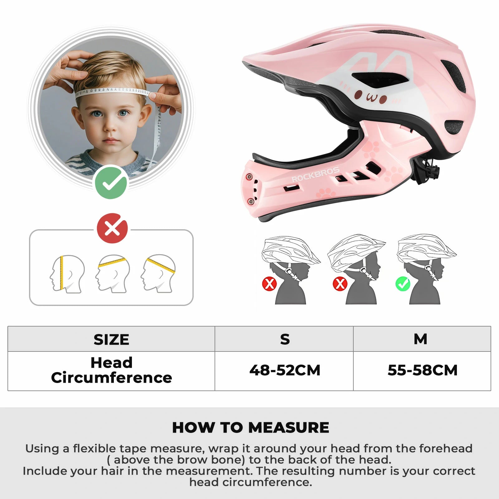 Pink helmet with size chart and measurement instructions#Color_Pink