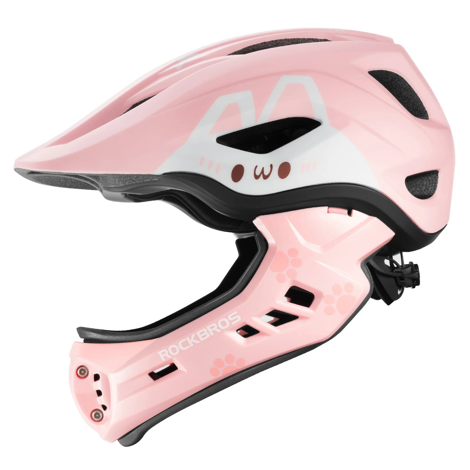 Pink ROCKBROS kids full face helmet with detachable chin guard for safe cycling and outdoor sports#Color_Pink