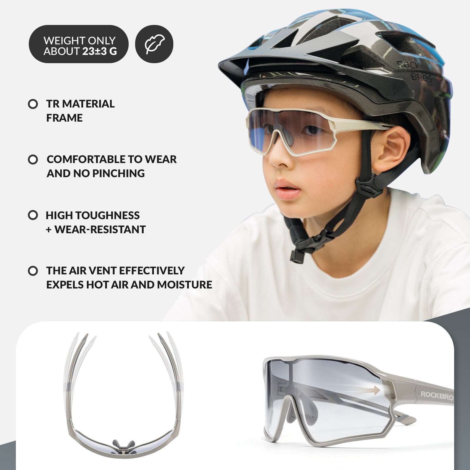 ROCKBROS Kids Photochromic Cycling Glasses UV400 Protection with TR90 Frame