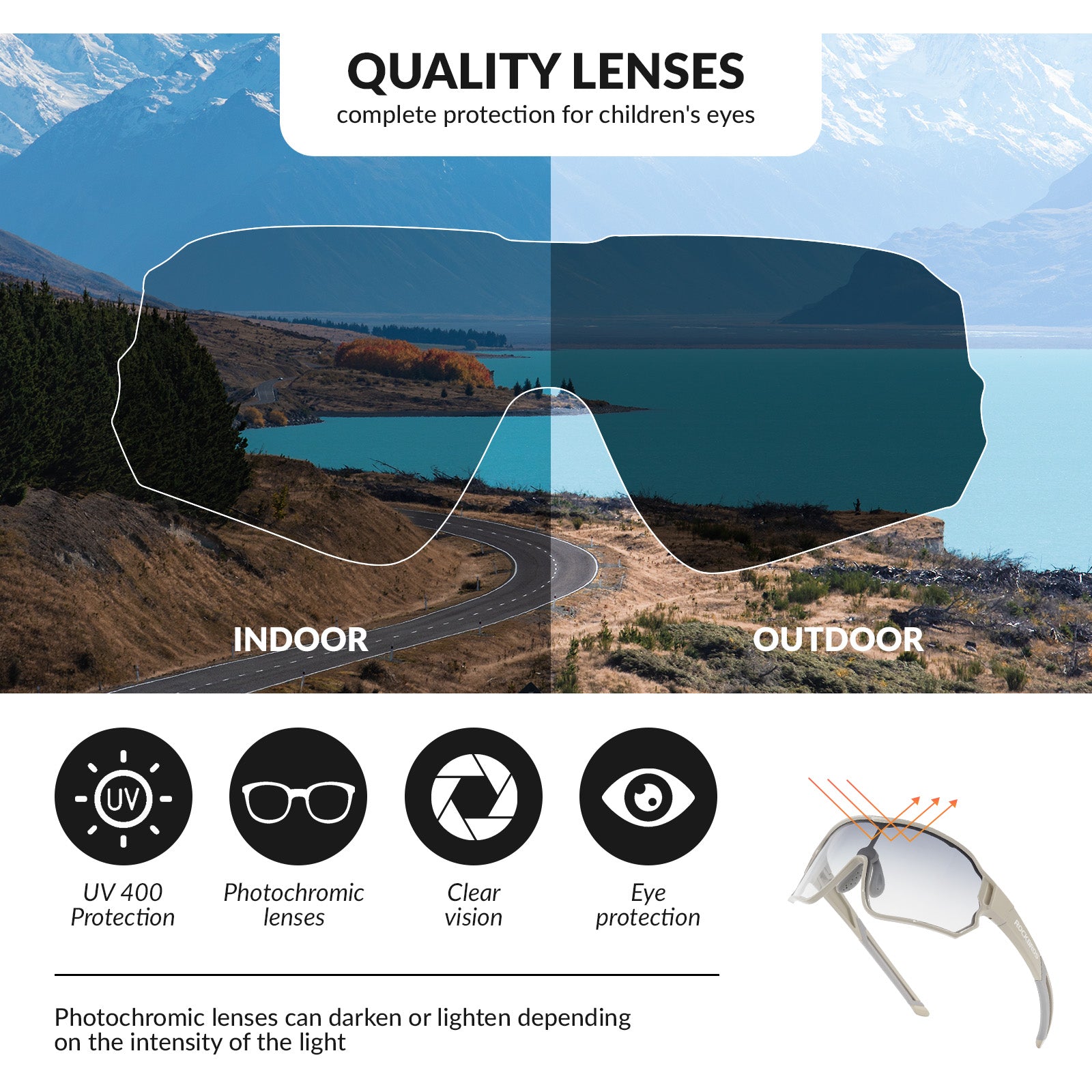 ROCKBROS Kids Photochromic Cycling Glasses UV400 Protection with TR90 Frame#Color_Gray