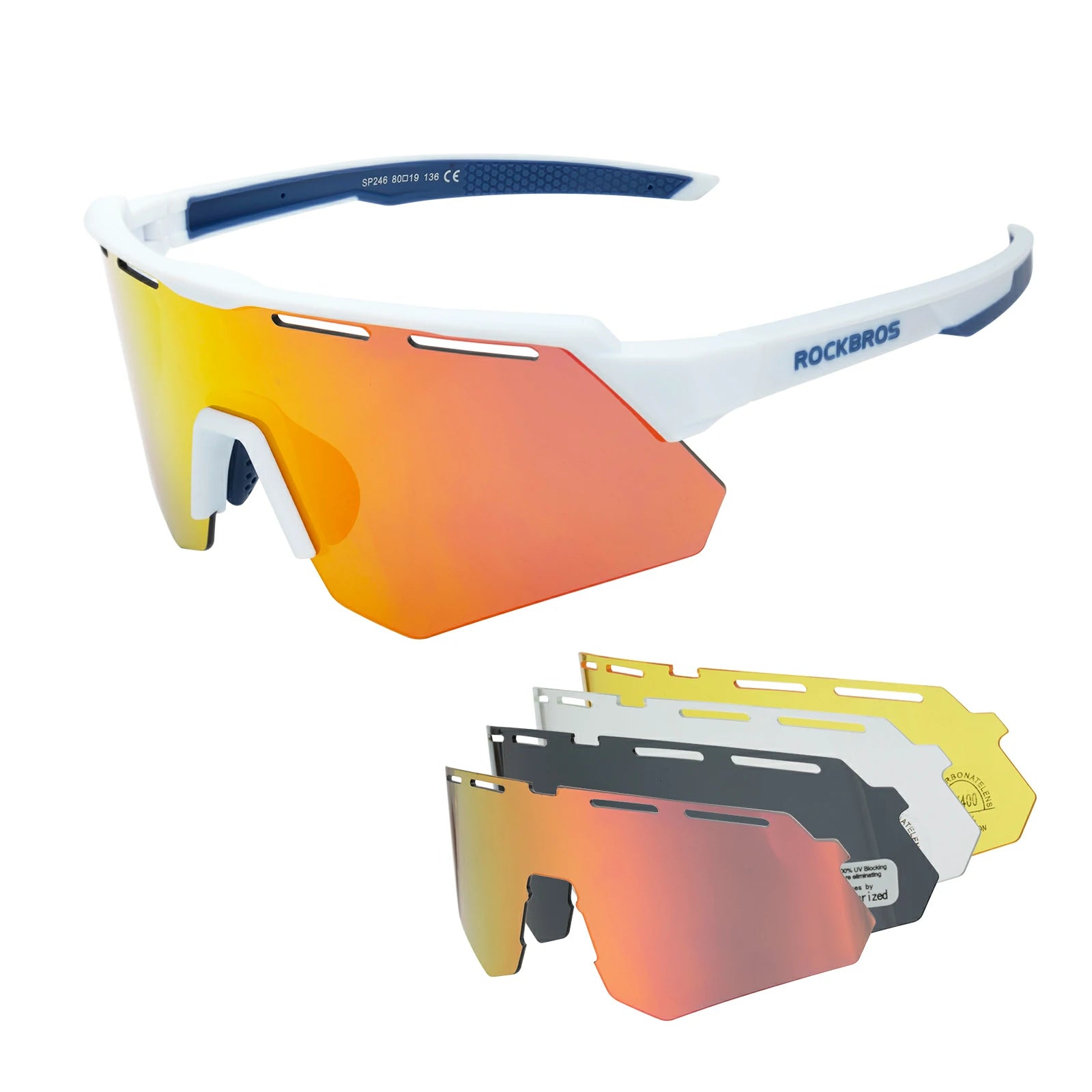 ROCKBROS Polarized Cycling Glasses with 4 Interchangeable Lenses #Color_White