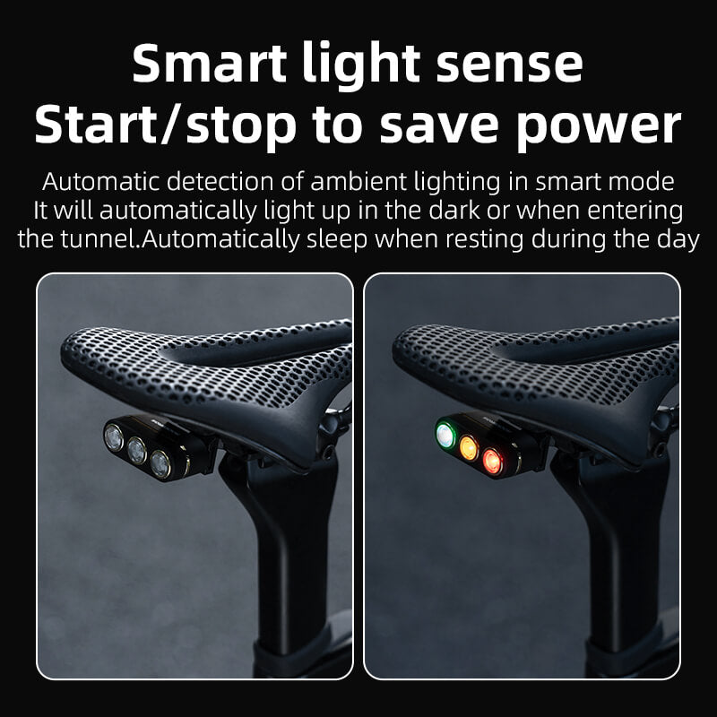 rockbros smart rear bike light with 3-colour led and brake-sensing technology