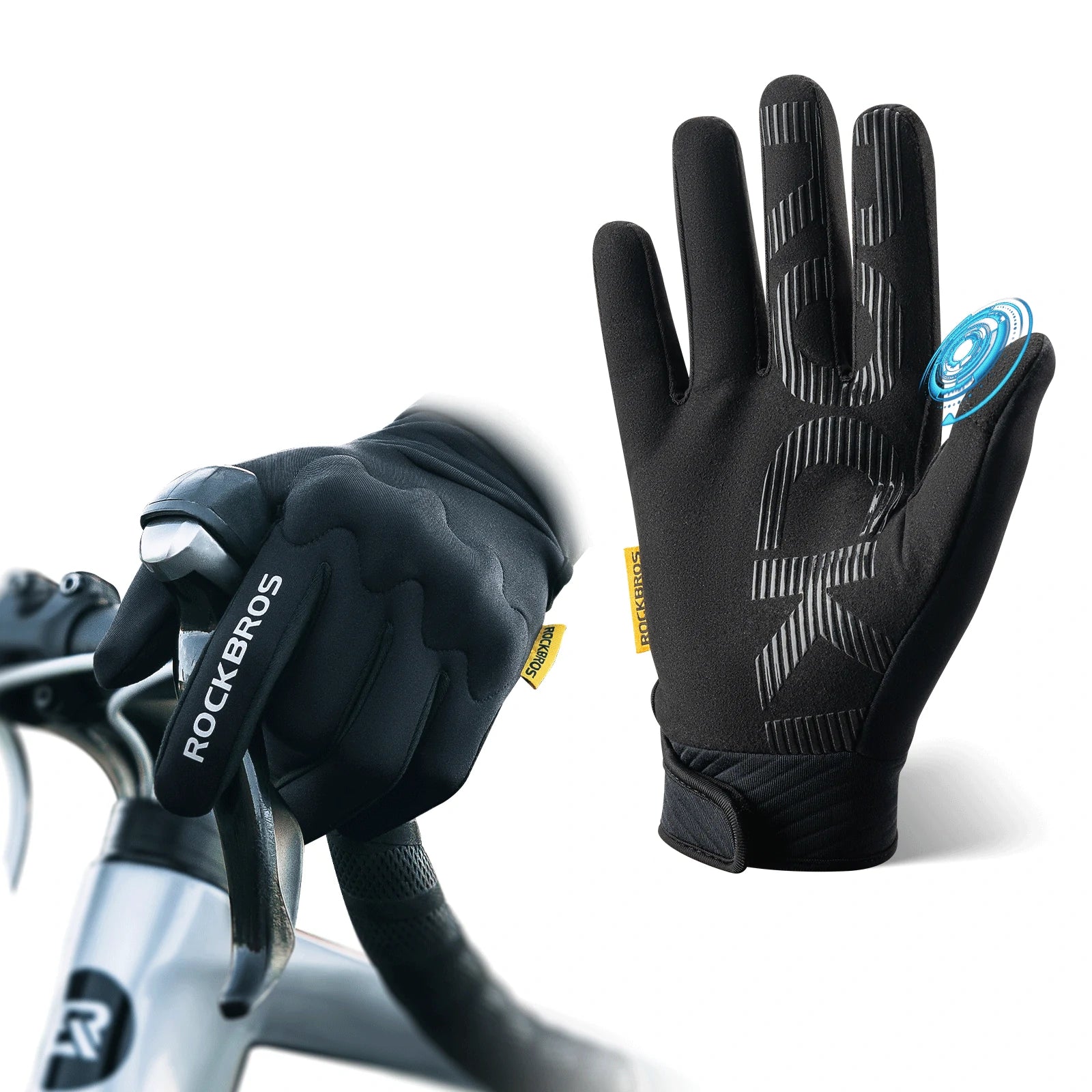 rockbros black windproof thermal full-finger cycling gloves
