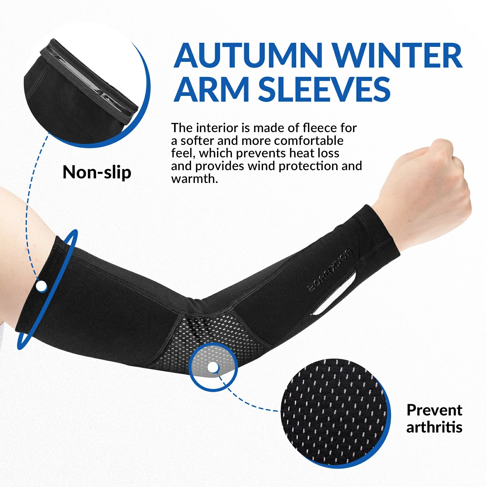 rockbros black thermal arm sleeves in soft fleece-lined polyester-spandex