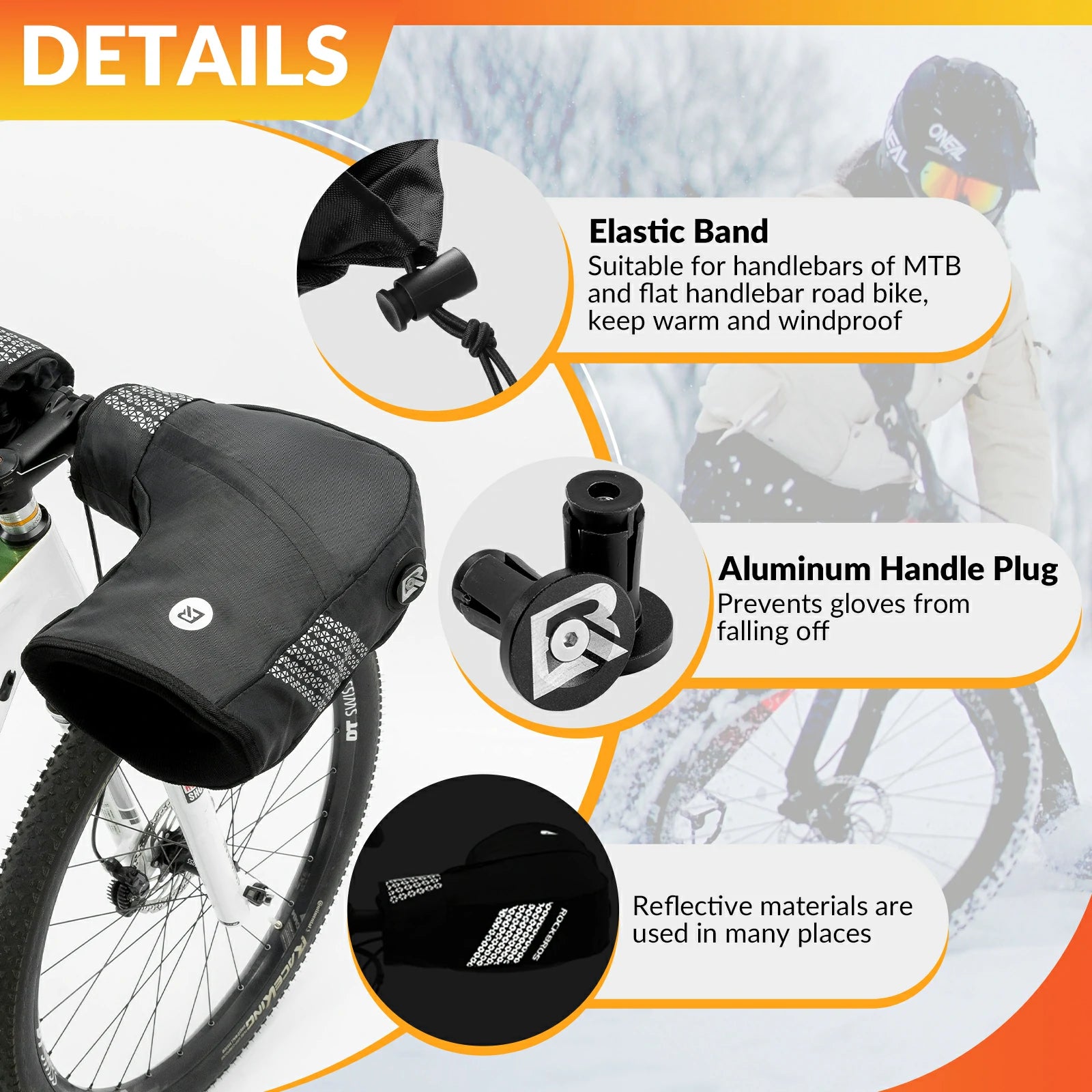 rockbros black winter handlebar mittens in windproof oxford cloth