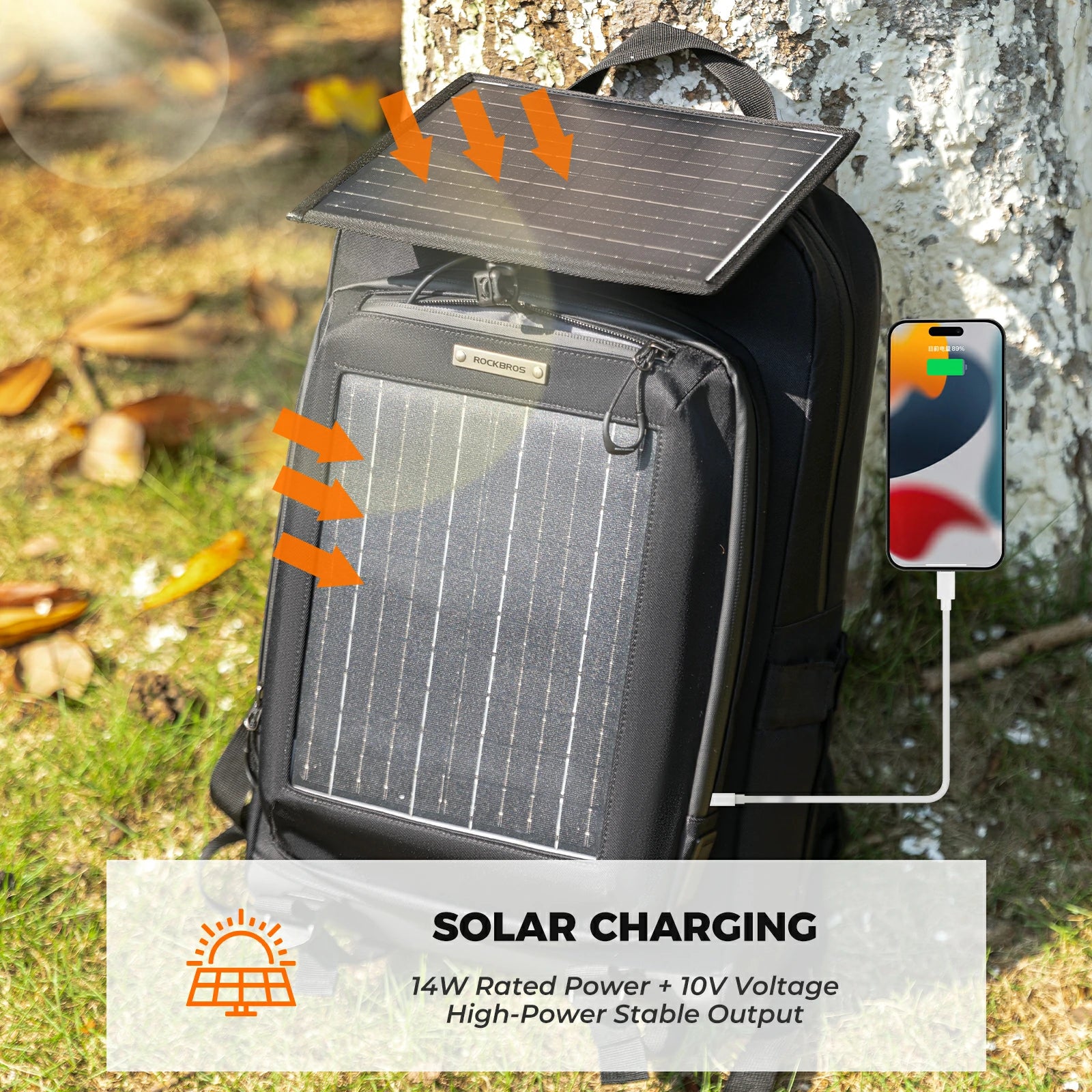 ROCKBROS solar backpack 20L with detachable 14W solar panel