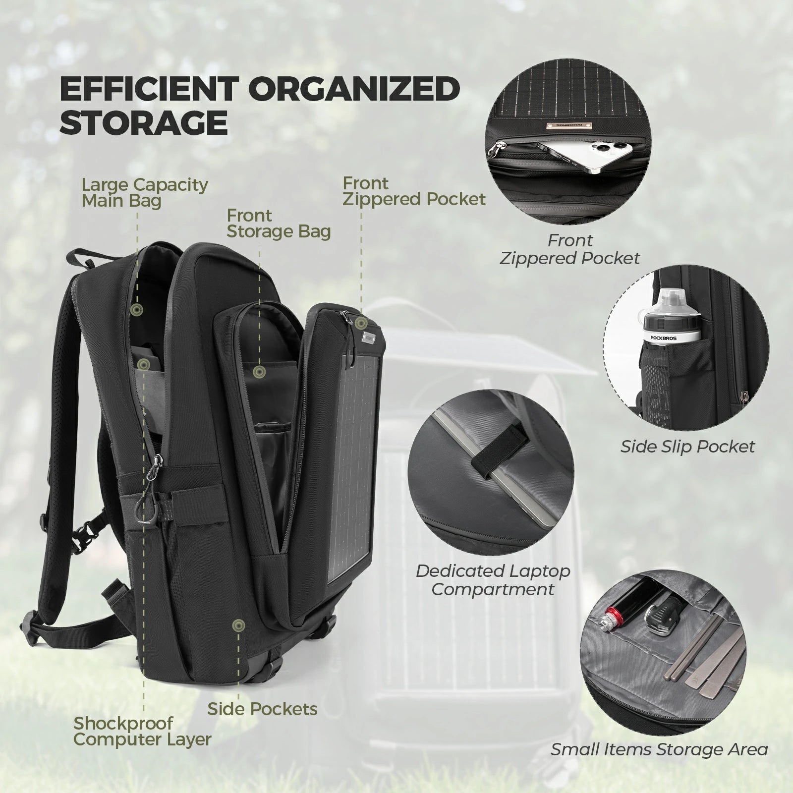 ROCKBROS solar backpack 20L with detachable 14W solar panel